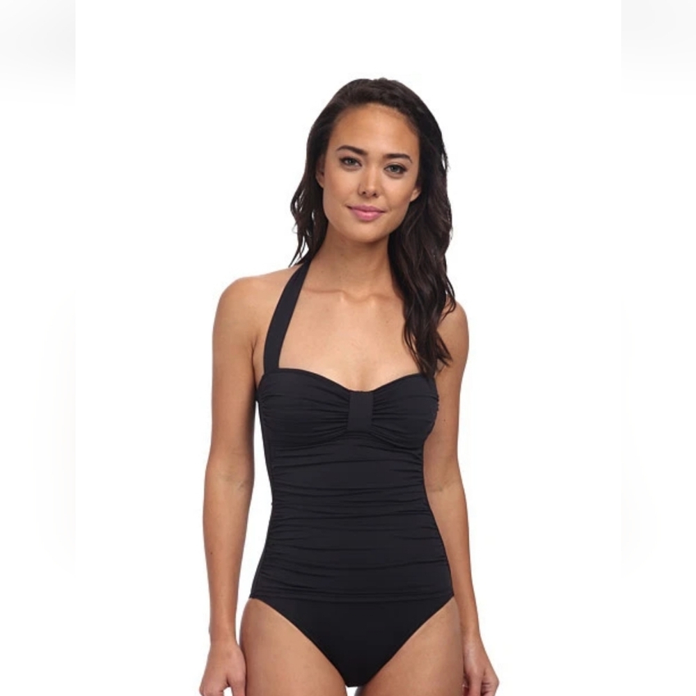 Tommy Bahama Black Ruched Halter One-Piece Swimsuit